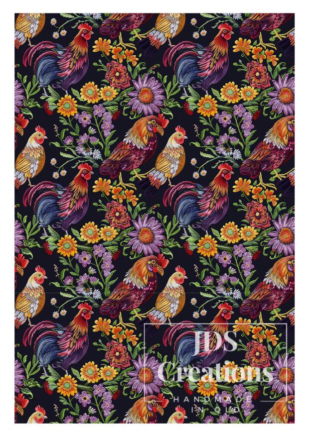 Purple Floral Chickens Teatowel
