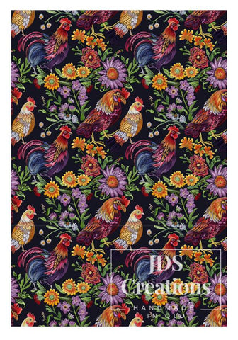 Purple Floral Chickens Teatowel