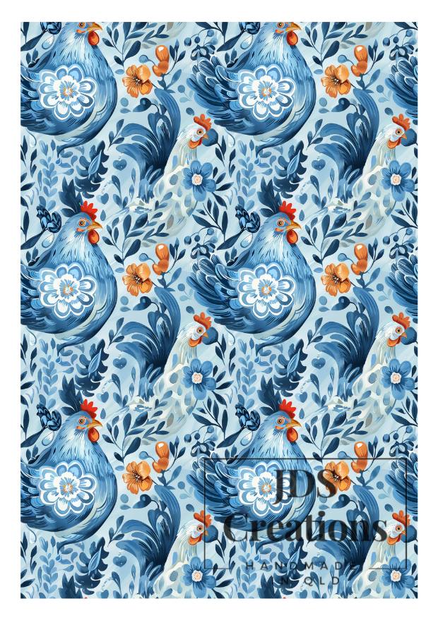 Blue Floral Chickens Teatowel