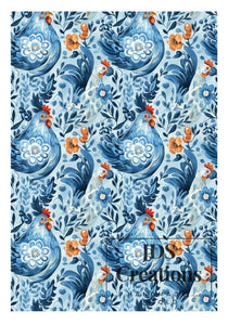 Blue Floral Chickens Teatowel