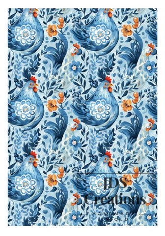 Blue Floral Chickens Teatowel