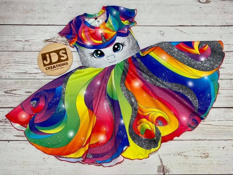 CUSTOM MADE Spandex full circle skater dress - Rainbow Unicorn